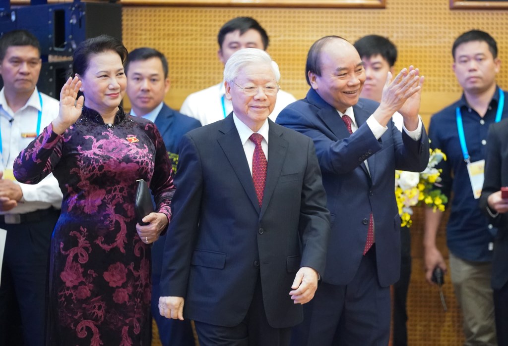Le secrétaire général du Parti, président du Vietnam Nguyen Phu Trong, le Premier ministre Nguyen Xuan Phuc et la présidente de l’Assemblée nationale à la cérémonie d’ouverture du 37e Sommet de l’ASEAN. Photo : VGP