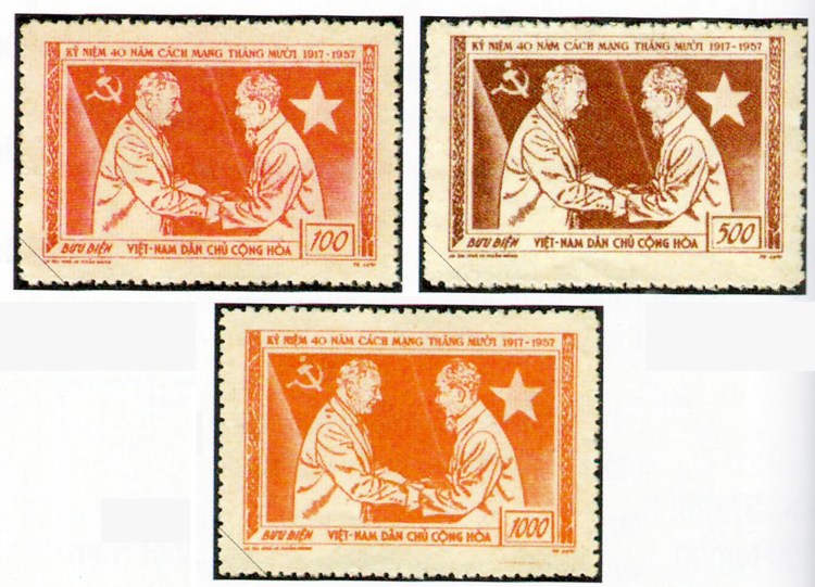 Collection de timbres commémorant le 40e anniversaire de la  Révolution d'Octobre russe (7 novembre 1917-1957), conçue par le peintre Ta Luu. Sur la photo: les présidents Hô Chi Minh et Voroshilov.