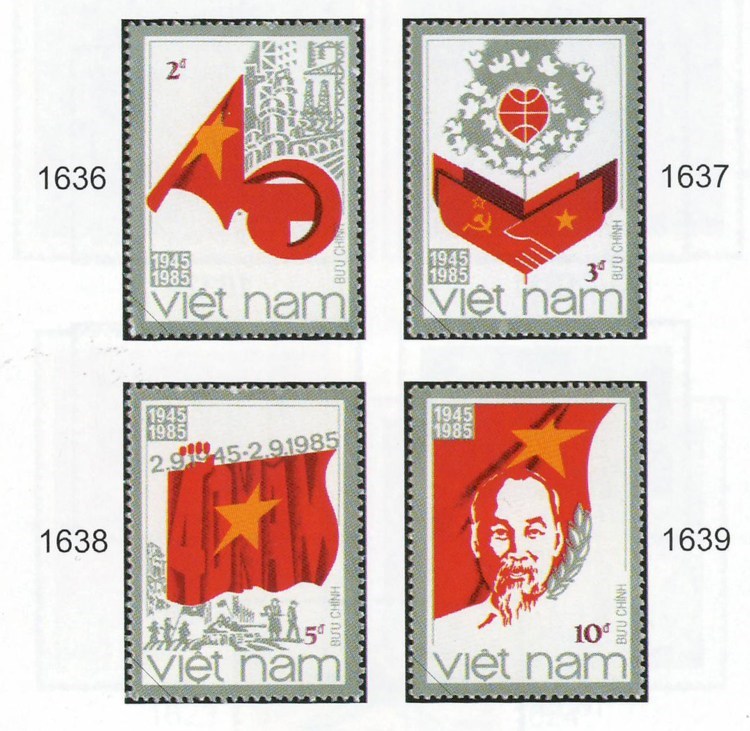 Célébration du 40e anniversaire de la Révolution d'Août et de la Fête nationale du 2 septembre. Ces timbres, publiés en 1985, ont été conçus par l'artiste Tran The Vinh.
